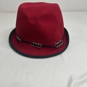 Vintage Alessandra Bacci Firenze Red Fedora Black Brim Chain Detail Retro